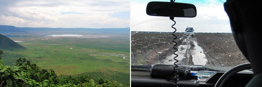 Die Fahrt vom Ngorongoro-Krater (links) in die Serengeti ist anstrengend, erst recht, wenn Regen die Holperpiste aufweicht. © Fotos: Svenja Penzel