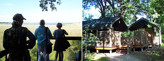 Die Zelte des Moremi Camps sind schön, der Gang über eine offene Veranda zum Badezimmer wirkt eher befremdlich. Dafür ist die Aussicht vom Observation Deck unschlagbar. © Fotos: Ulrike Parvû