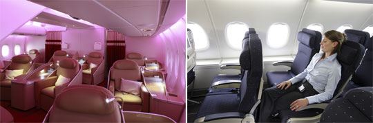 Insgesamt gibt es im A380 der Air France drei Klassen auf zwei Decks, links die La Première Kabine (First Class) und rechts die Plätze der Voyageur-Klasse (Economy Class). © Fotos: Lindner / Air France