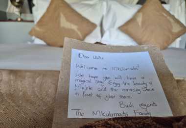 Welcome – Notiz in der Mkulumadzi Lodge, Majete Wildreservat, Malawi &copy; Foto: Ulrike Pârvu | Outback Africa Erlebnisreisen