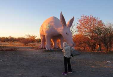 Erdferkelstatue als Werbung für eine Lodge an sder Straße nach Nata &copy; Foto: Susanne Schlesinger | Outback Africa