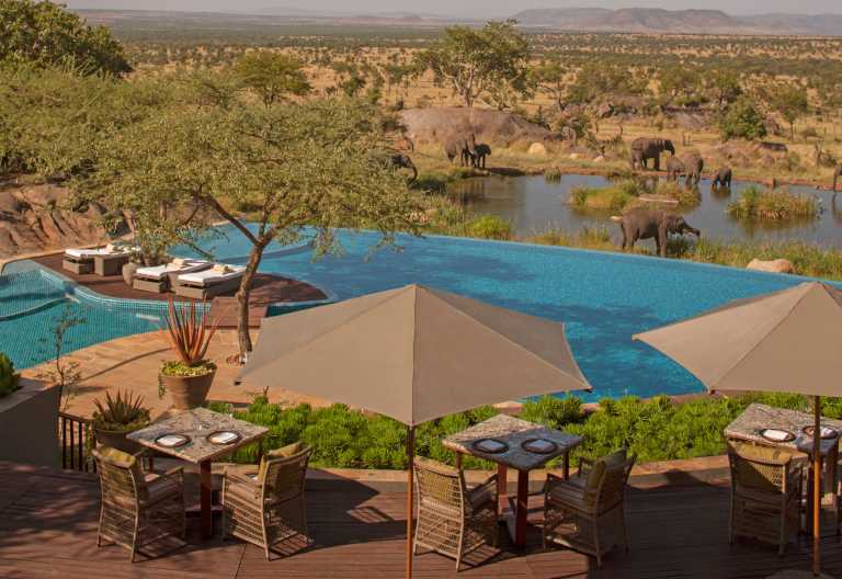 Terrasse und Pool mit Blick auf das Wasserloch, Four Seasons Safari Lodge, Serengeti © Foto: Four Seasons Group